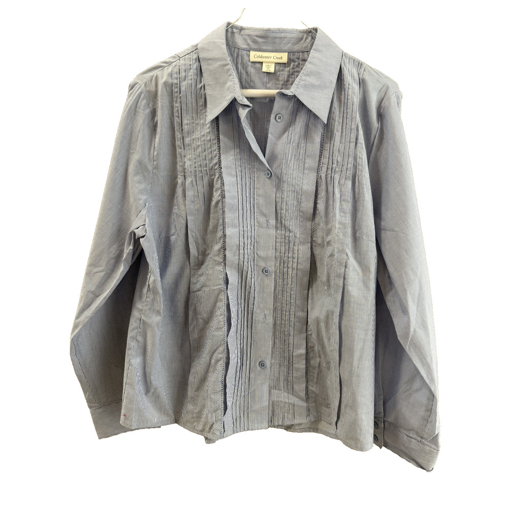 Coldwater Creek NWT Womens PL Pintuck Blue Stripe Blouse Preppy 100% Cotton